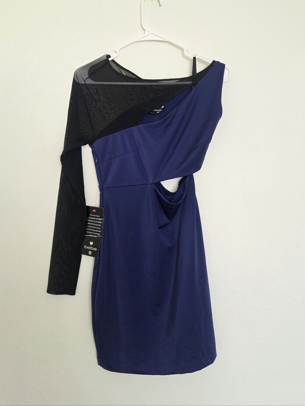 Bebe Addiction dress in a blue and black one-shoulder mesh cutout design Medium